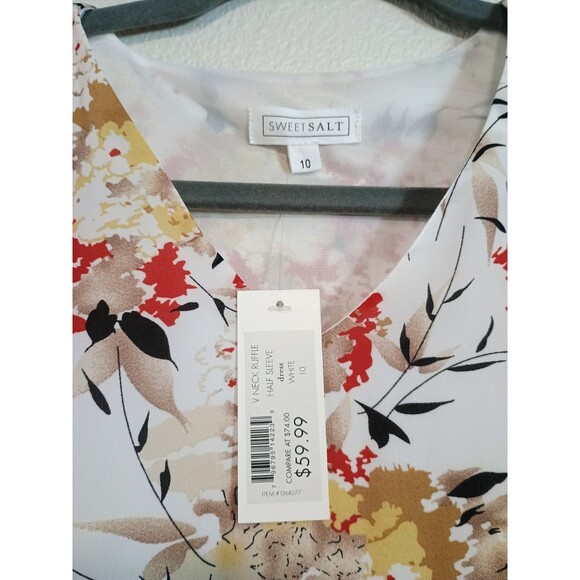 Sweetsalt Brand New Women's Size 10 V-Neck Ruffle Half Sleeve Dress White Floral - Picture 4 of 7